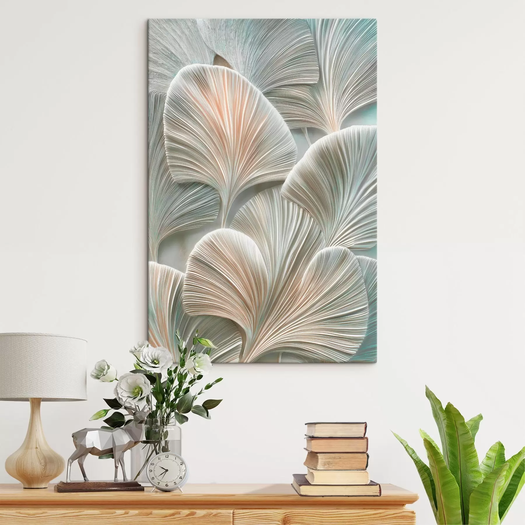 wall murals Artistic illustration with embossed leaves in contemporary bas-relief style s48210