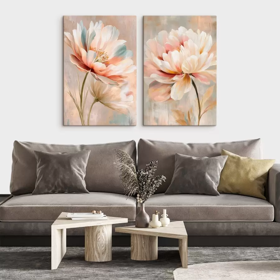 wall murals Diptych with large flowers in beige and pink palette in art poster style m30134