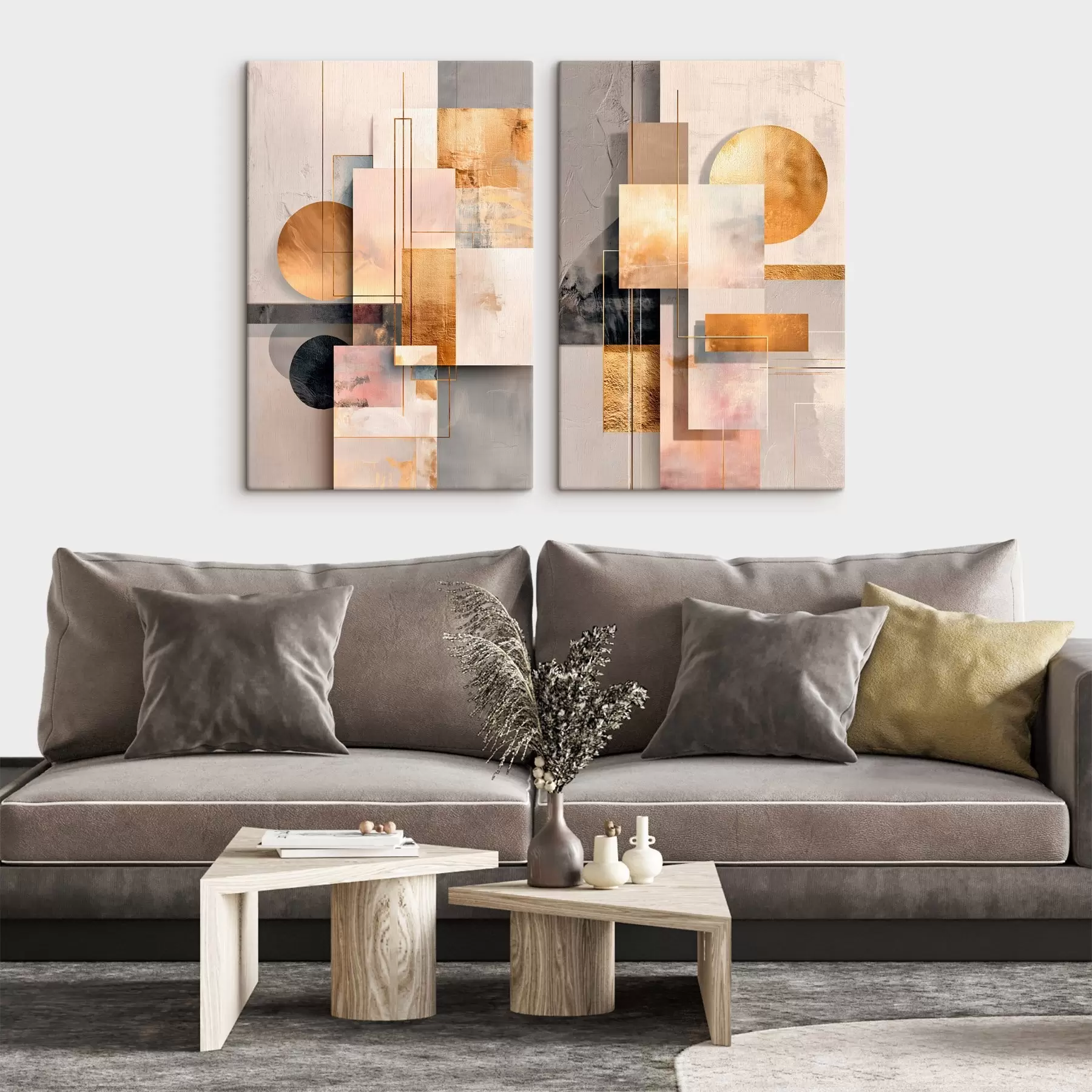 murales Abstracción geométrica con toques de cobre y beige en un estilo gráfico moderno m30138