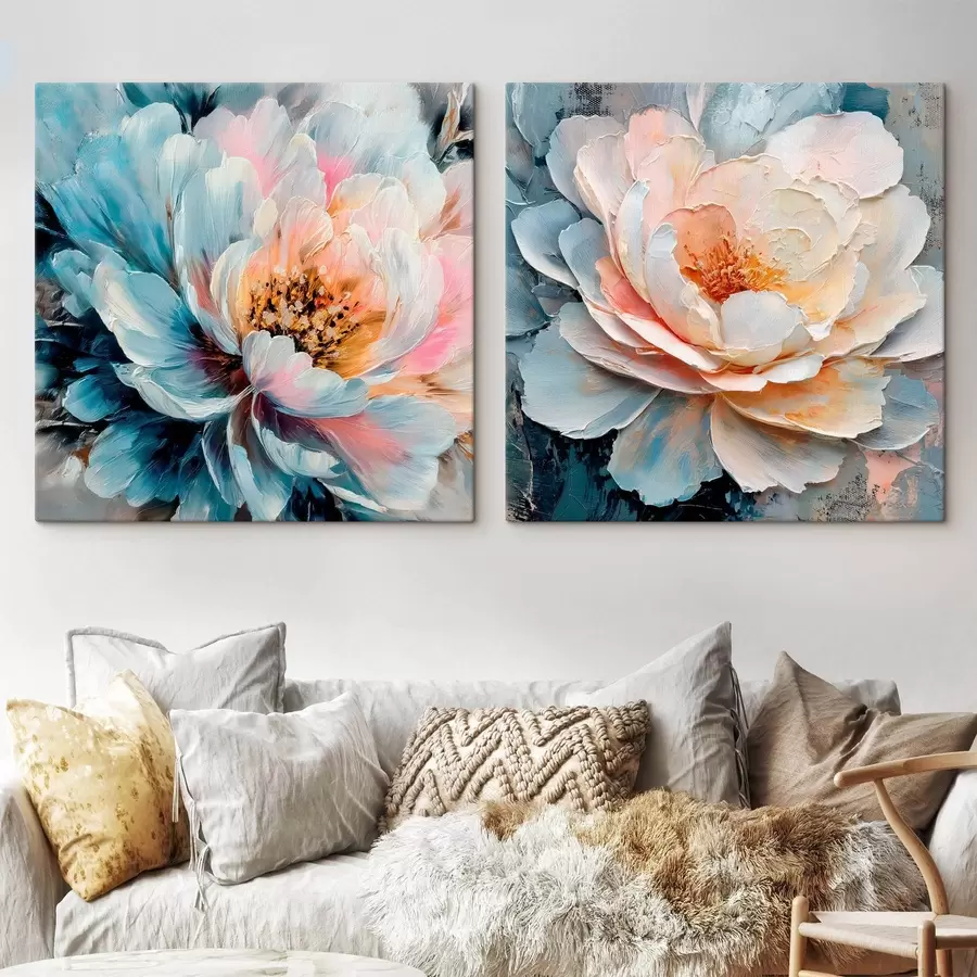 wall murals Abstract floral composition in pink and blue palette with textured petals m30148