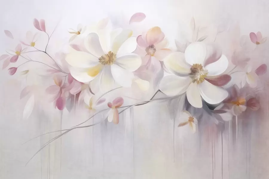 peintures murales Fleurs blanches et roses aux pétales délicats, sur fond texturé, abstrait et doux w09811