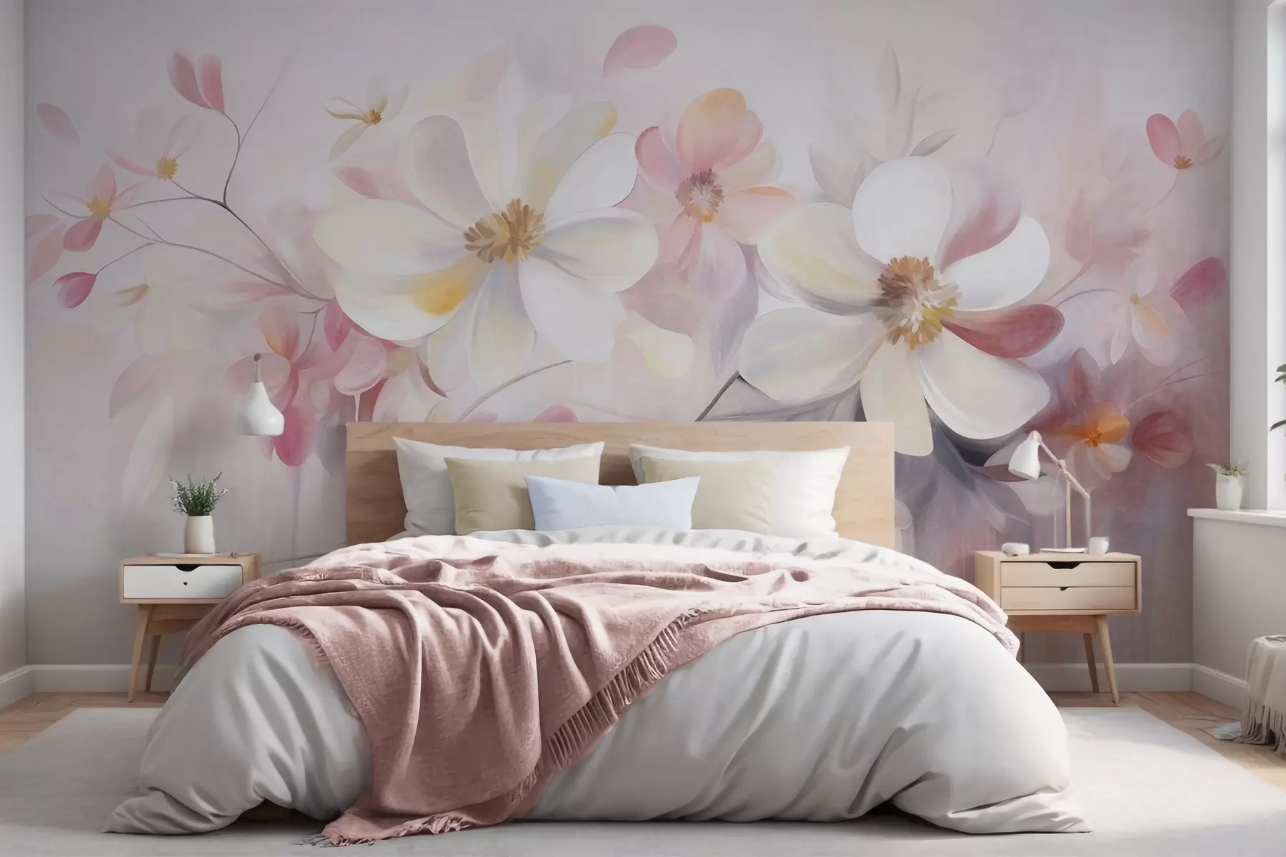 Wall Mural Photo Wallpaper White and pink flowers with delicate petals textured art, abstract, soft background w09811
