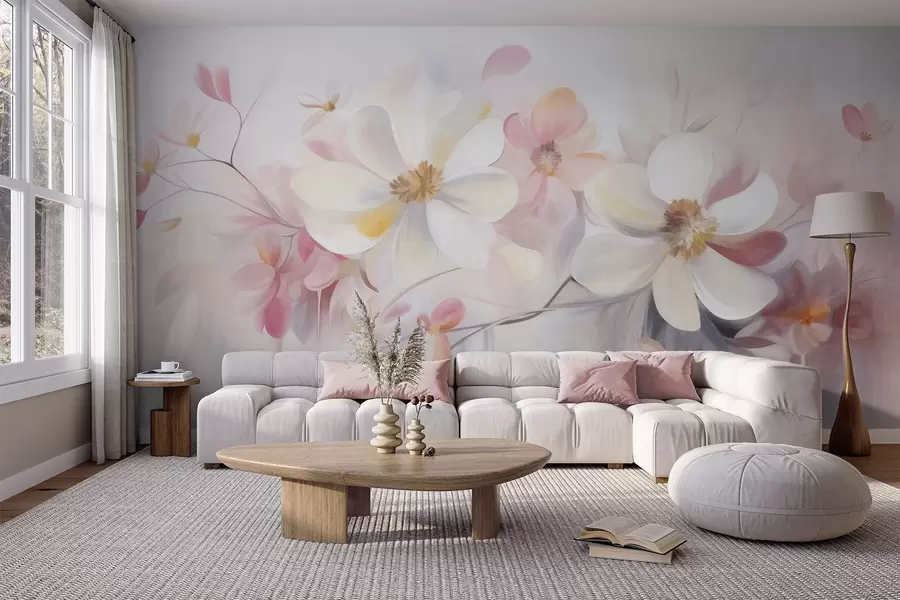 Wall Mural Photo Wallpaper White and pink flowers with delicate petals textured art, abstract, soft background w09811