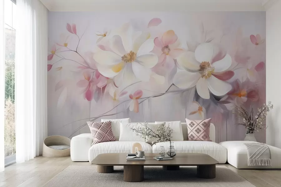 murales Arte texturizado con flores blancas y rosas de pétalos delicados, fondo abstracto y suave w09811