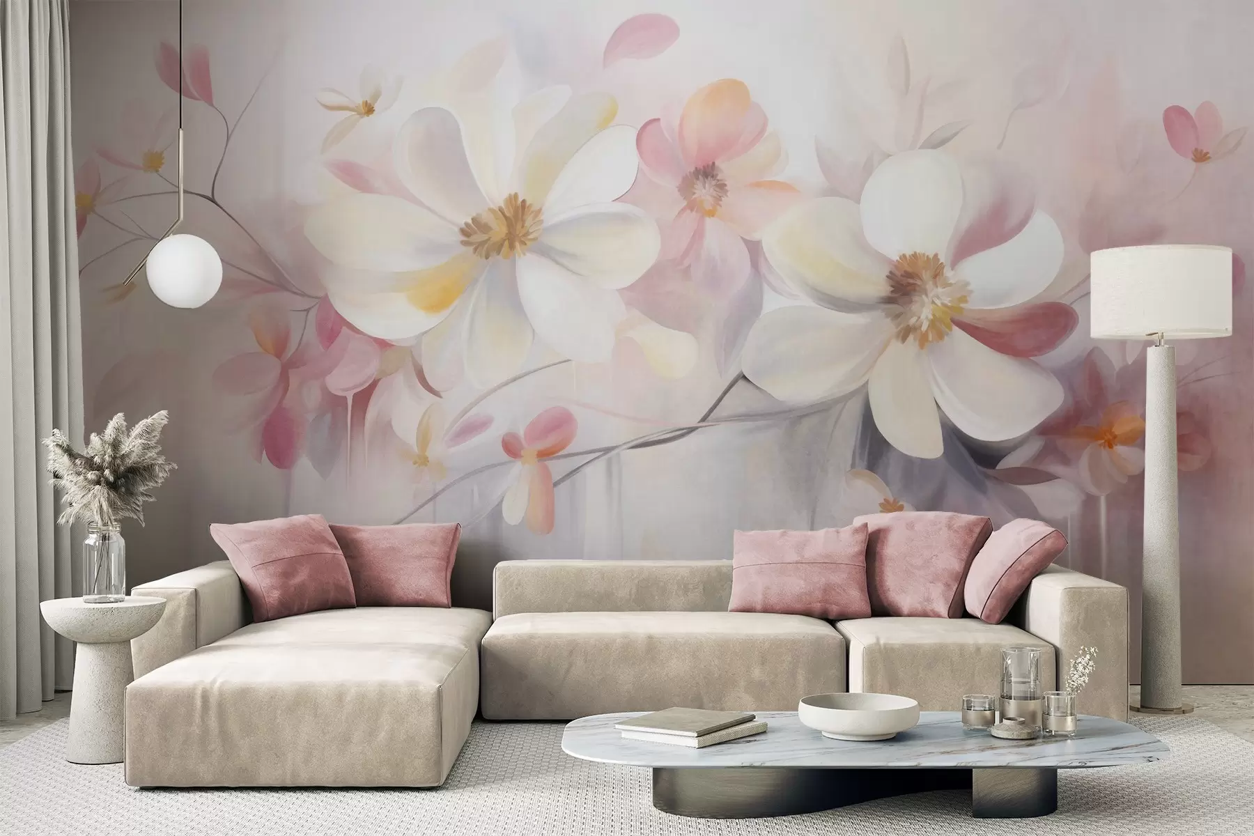 murais de parede Arte com textura de flores brancas e cor-de-rosa com pétalas delicadas, fundo abstrato e suave w09811