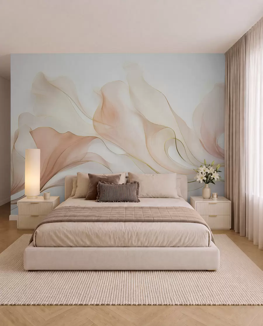 peintures murales Une texture fluide et abstraite dans des tons pêche et crème, rehaussée de lignes délicates w09815