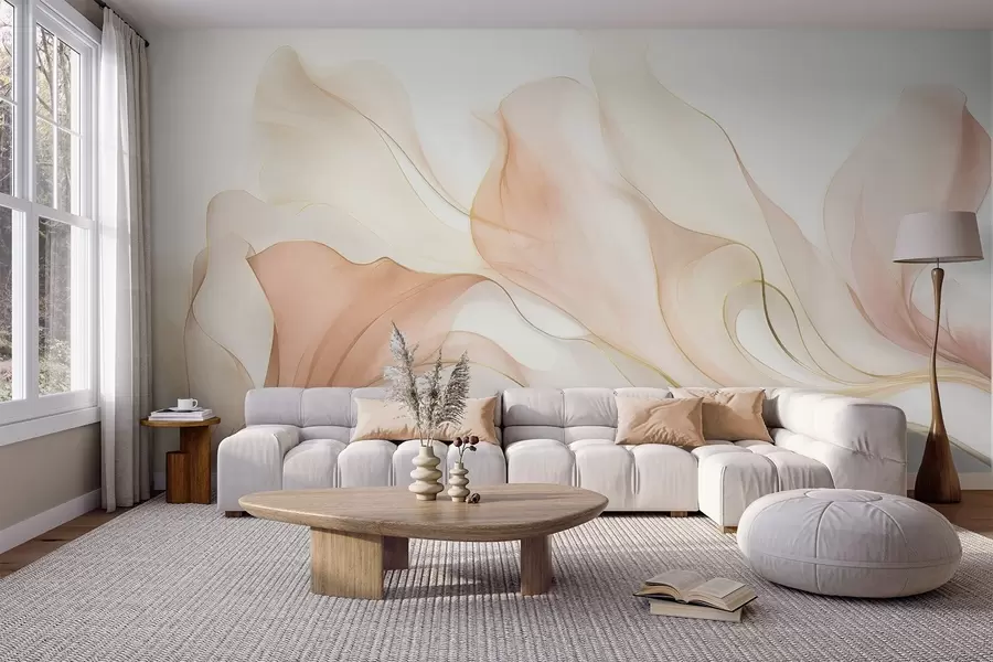 peintures murales Une texture fluide et abstraite dans des tons pêche et crème, rehaussée de lignes délicates w09815