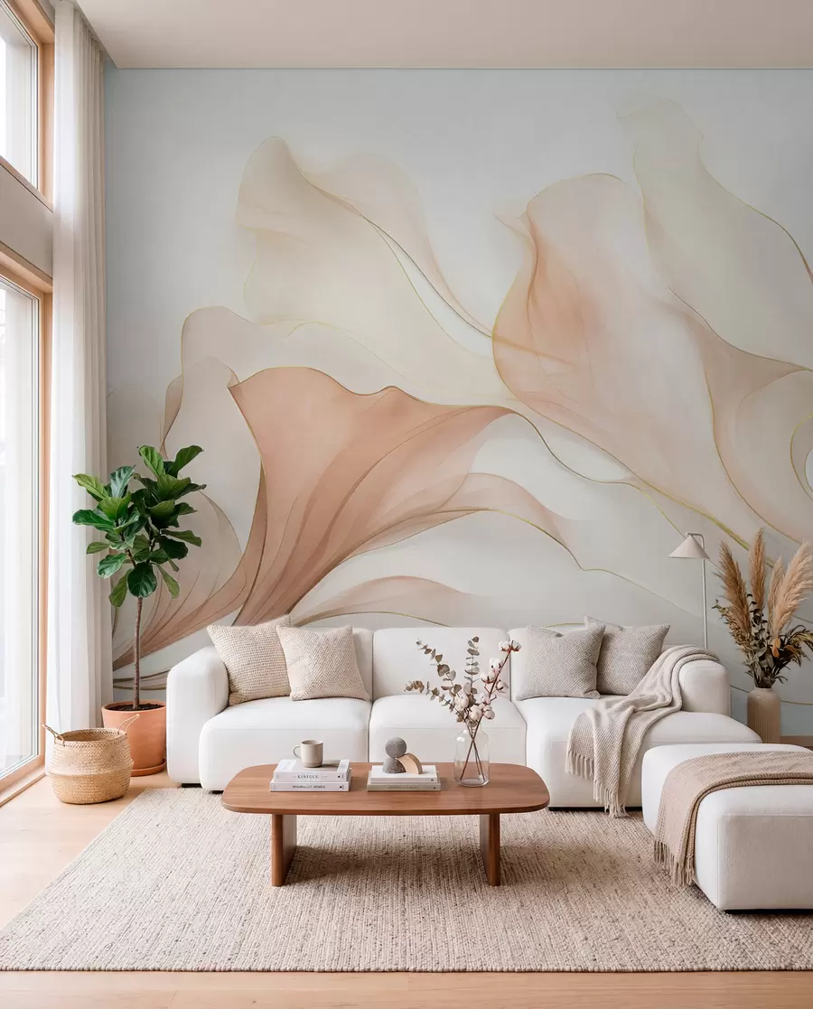 Wall Mural Photo Wallpaper Abstract flowing texture in shades of peach and cream with delicate lines w09815