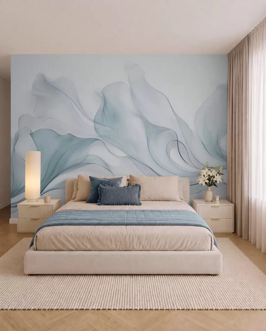 wall murals Abstract flowing texture in shades of blue with delicate lines w09815v1