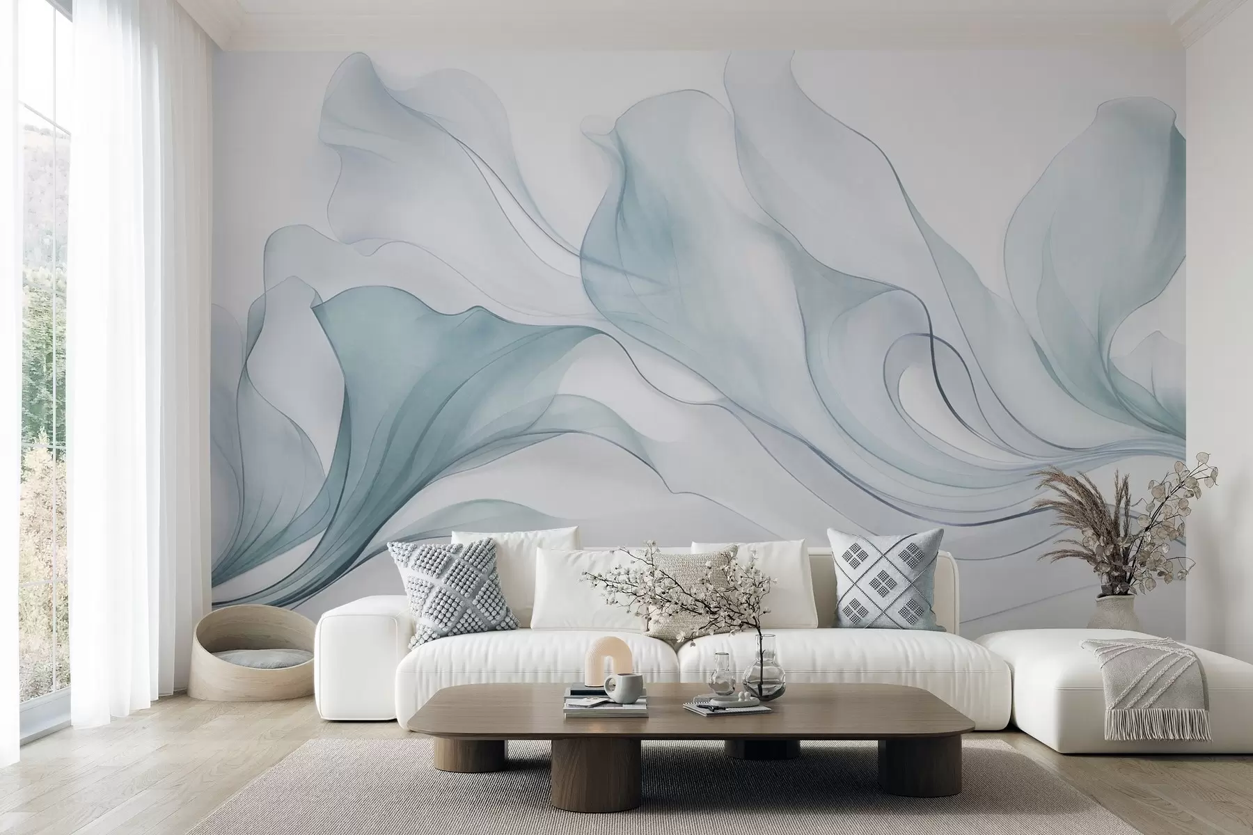 Wall Mural Photo Wallpaper Abstract flowing texture in shades of blue with delicate lines w09815v1
