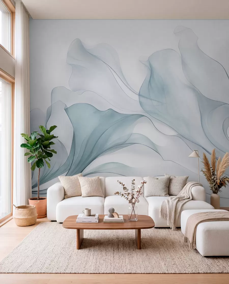 Wall Mural Photo Wallpaper Abstract flowing texture in shades of blue with delicate lines w09815v1