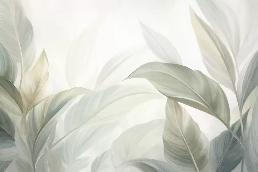 murales Hojas tropicales grandes de color verde pálido con tonos suaves y pasteles, obra de arte con textura w09816