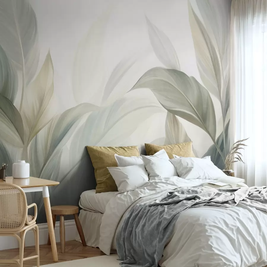 Wall Mural Photo Wallpaper Large, pale green tropical leaves with soft, pastel colors, textured art w09816