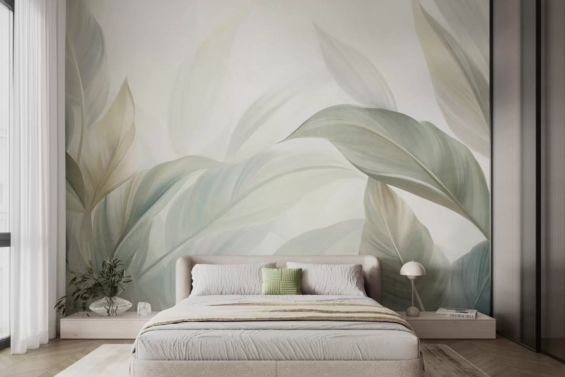 Wall Mural Photo Wallpaper Large, pale green tropical leaves with soft, pastel colors, textured art w09816