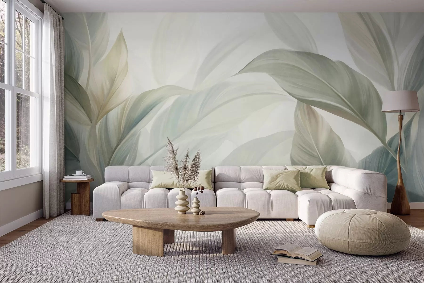 murais de parede Folhas tropicais grandes, de cor verde-claro, com tons suaves e pastel, e textura artística w09816