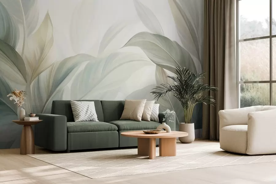 wall murals Large, pale green tropical leaves with soft, pastel colors, textured art w09816