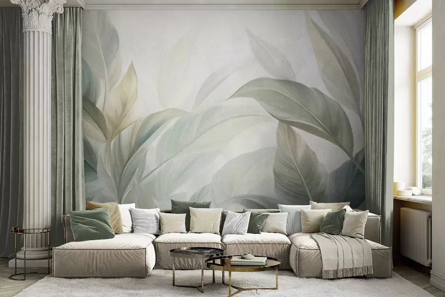 Wall Mural Photo Wallpaper Large, pale green tropical leaves with soft, pastel colors, textured art w09816