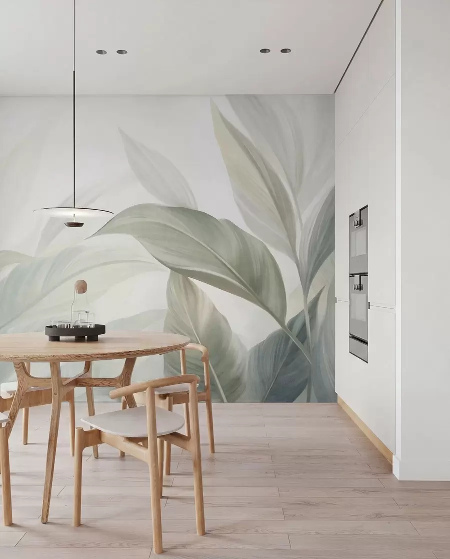 peintures murales De grandes feuilles tropicales vert pâle aux couleurs douces et pastel, dans un style artistique texturé w09816