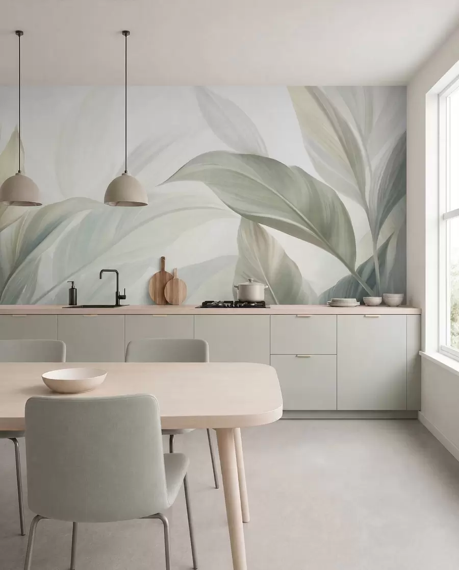 peintures murales De grandes feuilles tropicales vert pâle aux couleurs douces et pastel, dans un style artistique texturé w09816