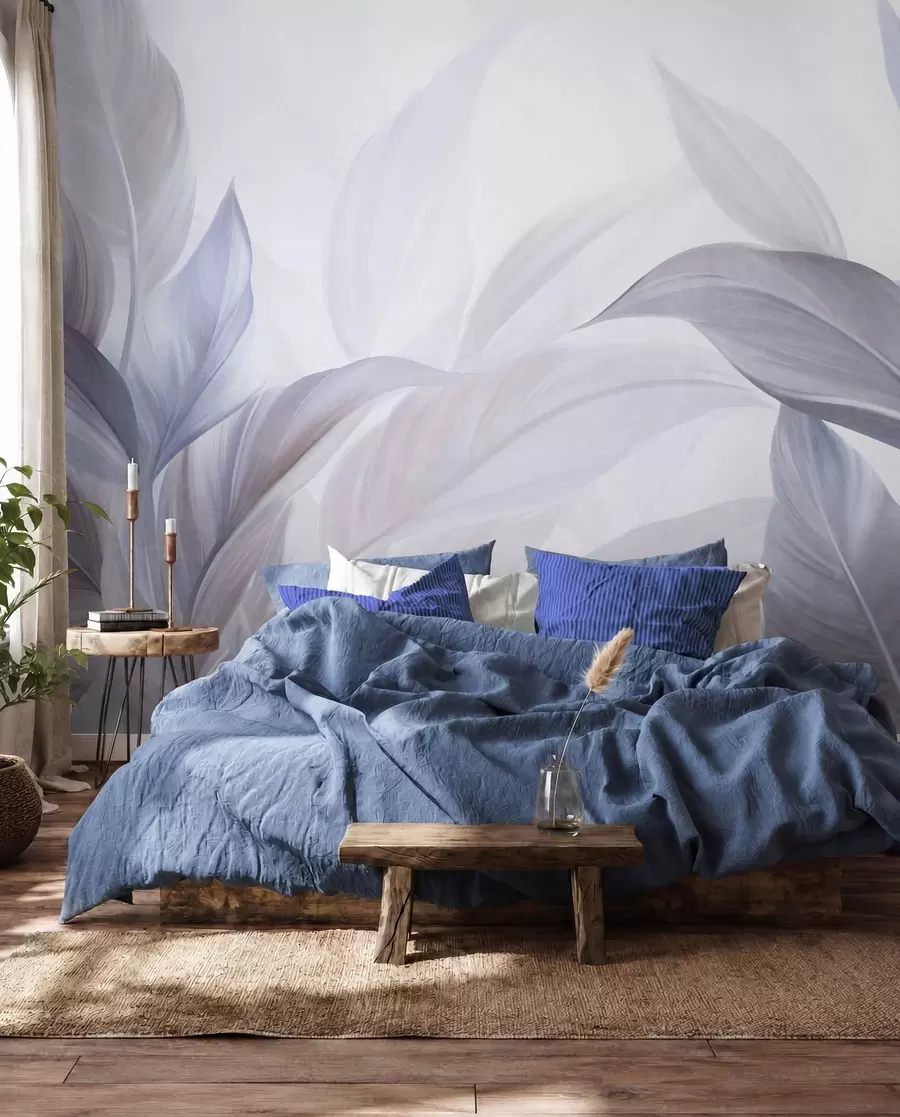 peintures murales De grandes feuilles tropicales bleu pâle et violettes aux couleurs douces et pastel, dans un style artistique texturé w09816v1