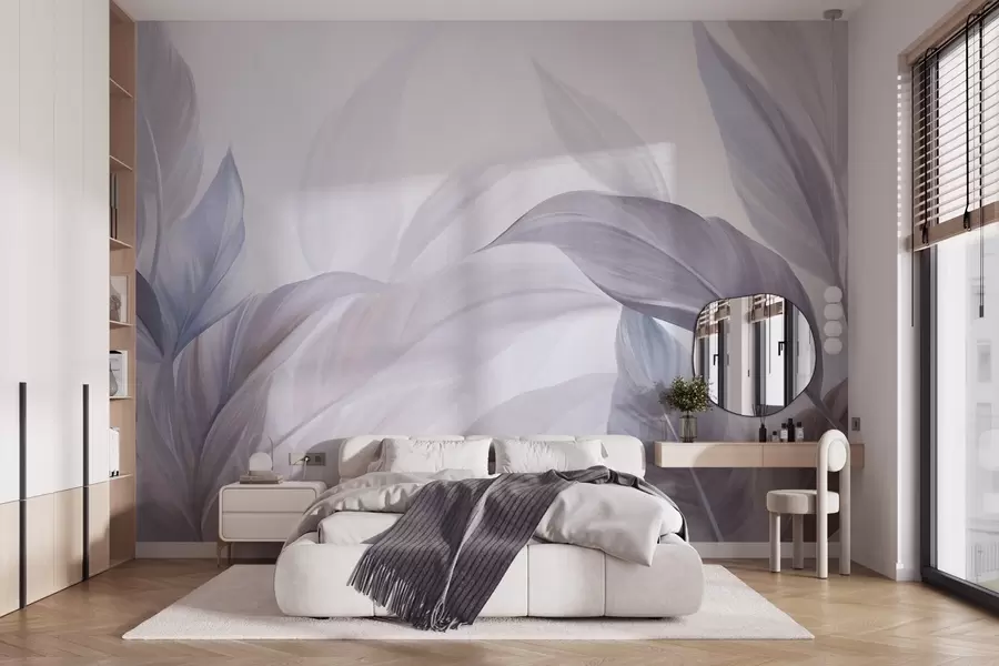 murales Hojas tropicales grandes, de color azul pálido y violeta, con tonos suaves y pasteles, y una textura artística w09816v1