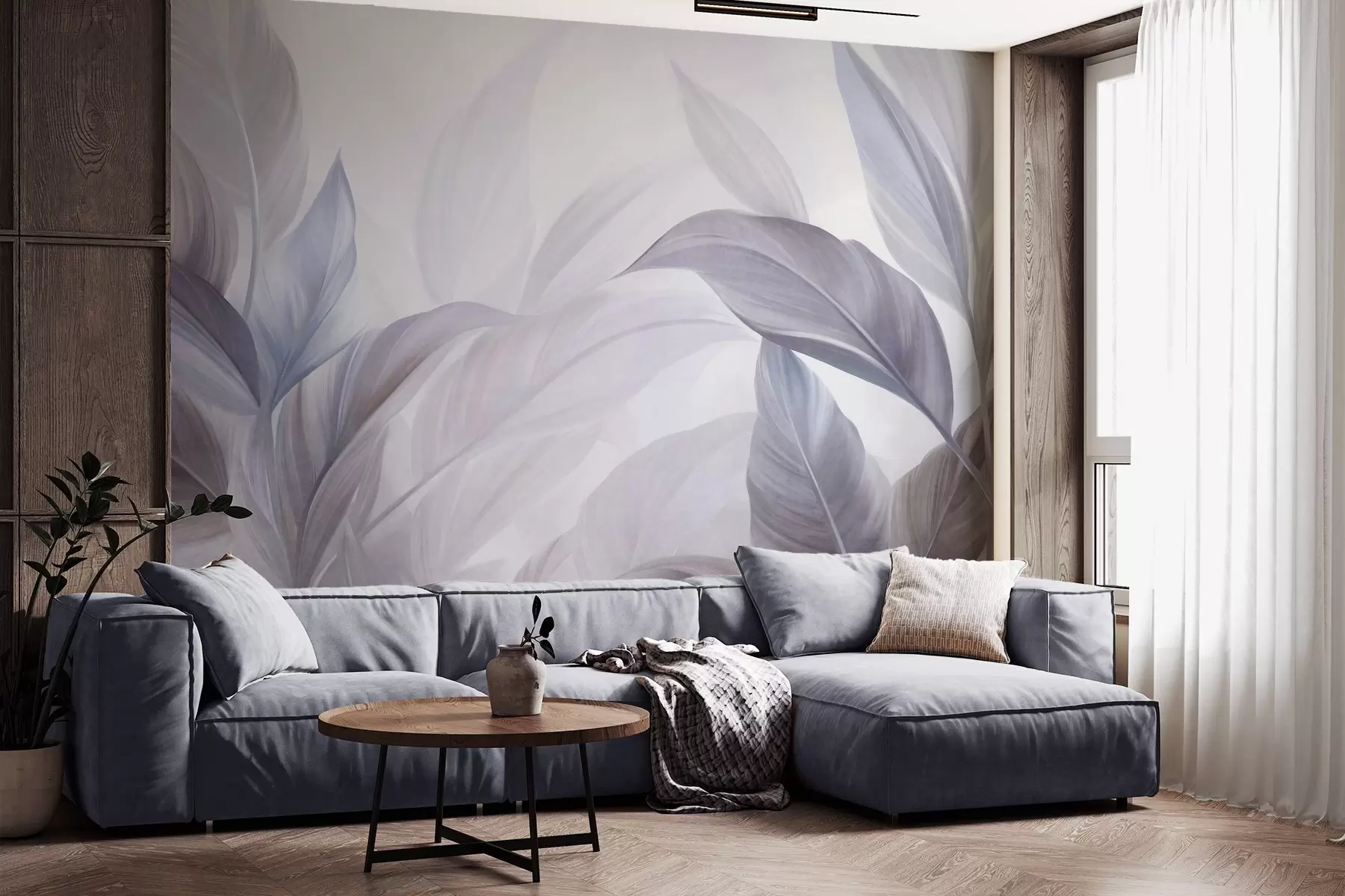 peintures murales De grandes feuilles tropicales bleu pâle et violettes aux couleurs douces et pastel, dans un style artistique texturé w09816v1