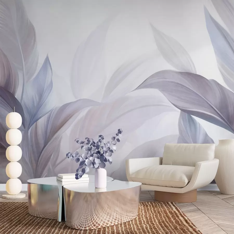 murales Hojas tropicales grandes, de color azul pálido y violeta, con tonos suaves y pasteles, y una textura artística w09816v1