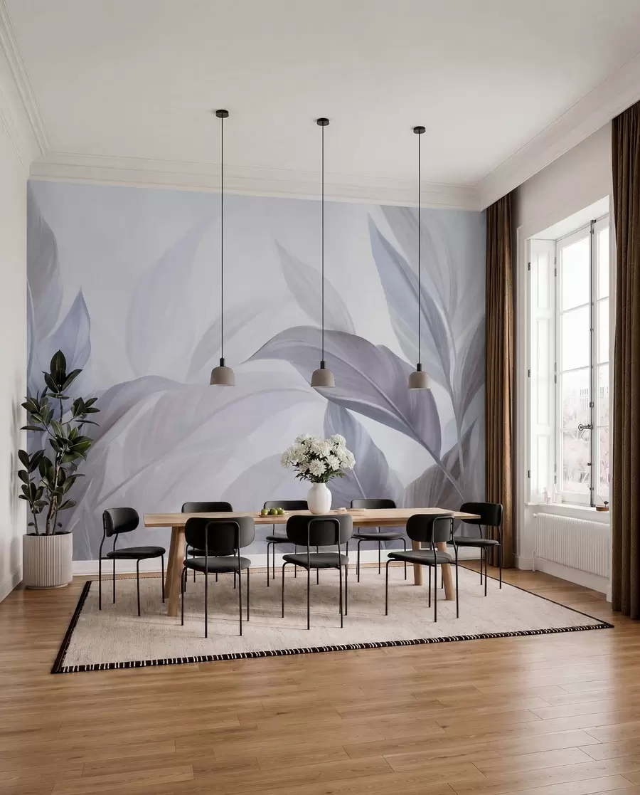 wall murals Large, pale blue and violet tropical leaves with soft, pastel colors, textured art w09816v1