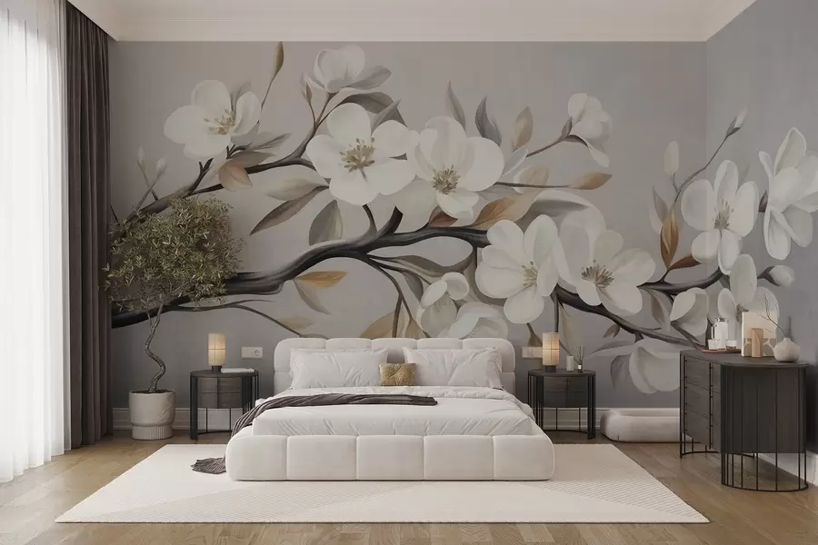 Wall Mural Photo Wallpaper Textured branch with white flowers and brown leaves against a light gray background w09817