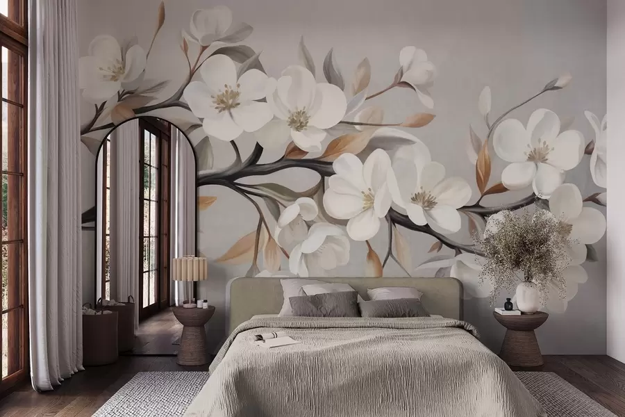 murales Rama con textura, con flores blancas y hojas marrones sobre un fondo gris claro w09817