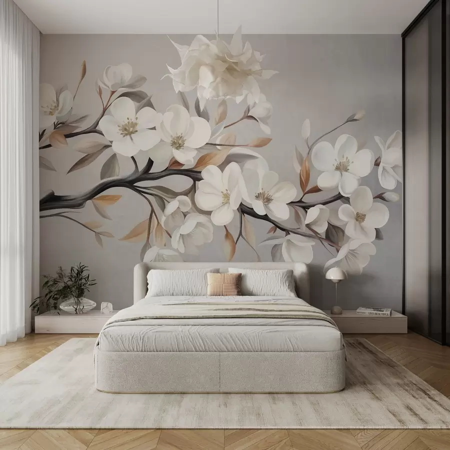 Wall Mural Photo Wallpaper Textured branch with white flowers and brown leaves against a light gray background w09817