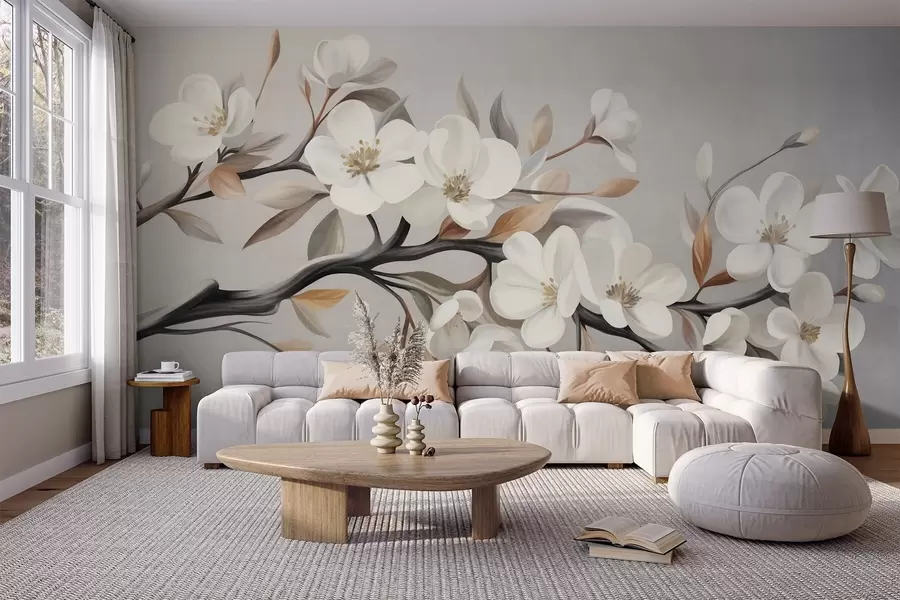 Wall Mural Photo Wallpaper Textured branch with white flowers and brown leaves against a light gray background w09817