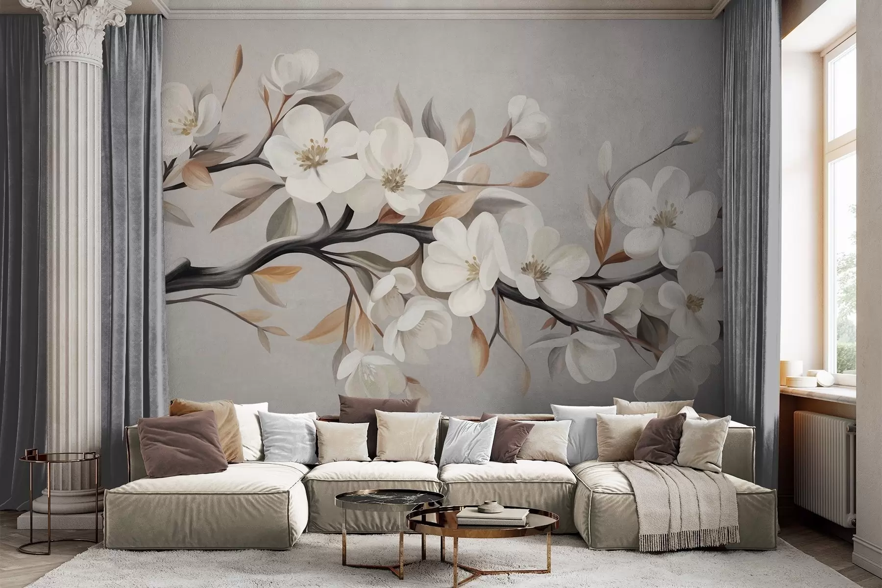 Wall Mural Photo Wallpaper Textured branch with white flowers and brown leaves against a light gray background w09817