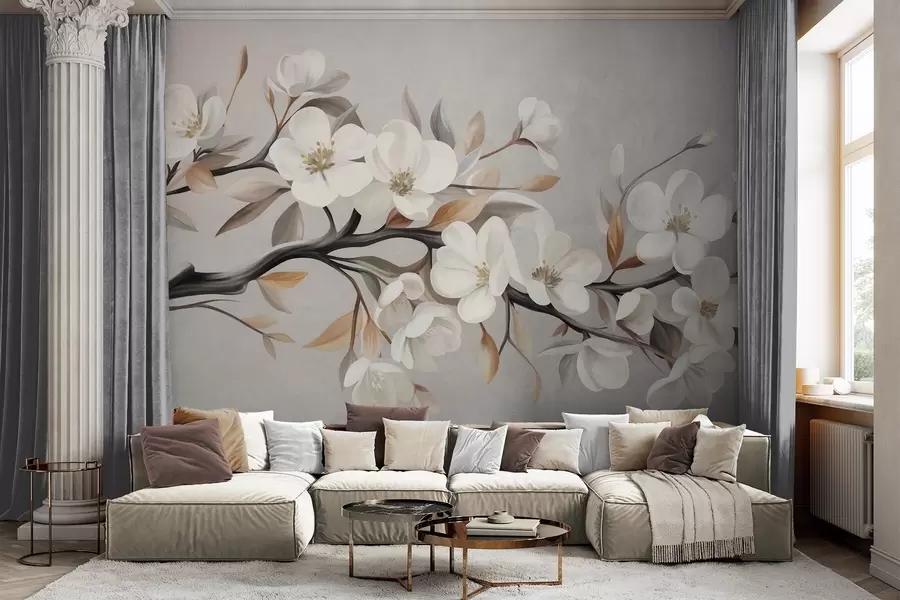 peintures murales Une branche texturée avec des fleurs blanches et des feuilles brunes sur fond gris clair w09817