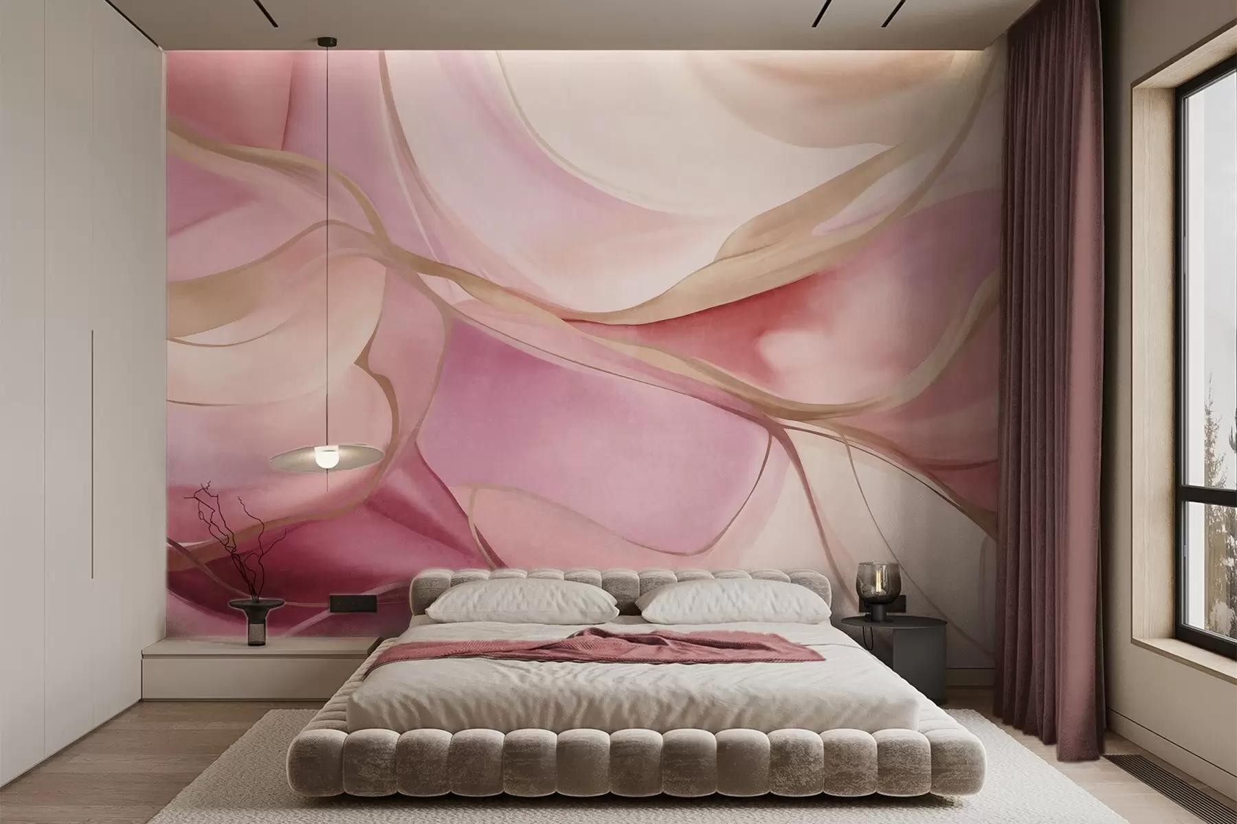 peintures murales Formes fluides aux textures abstraites, dans des tons de rose et de beige, rehaussées de délicates lignes jaunes w09818