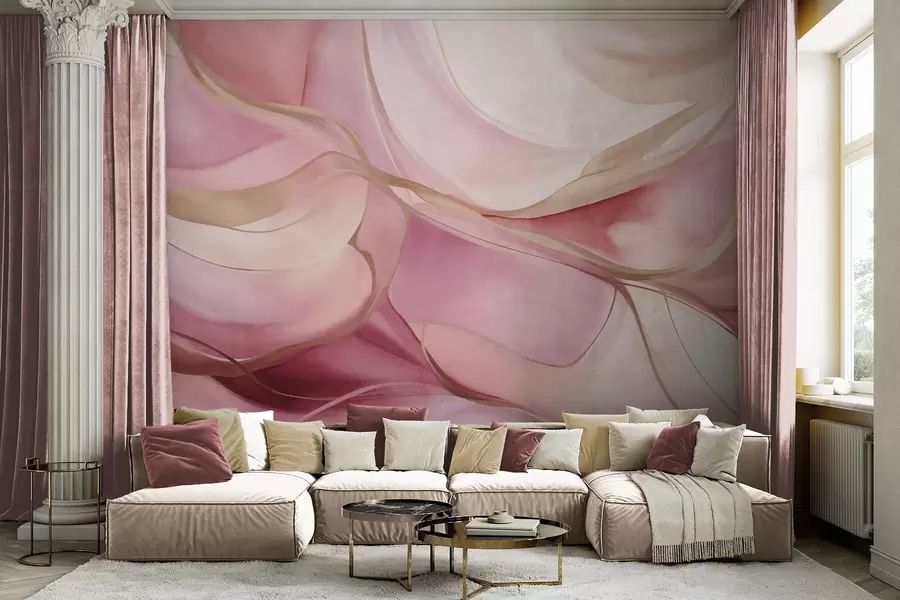 Wall Mural Photo Wallpaper Abstract textured flowing shapes in shades of pink and beige with delicate yellow lines w09818