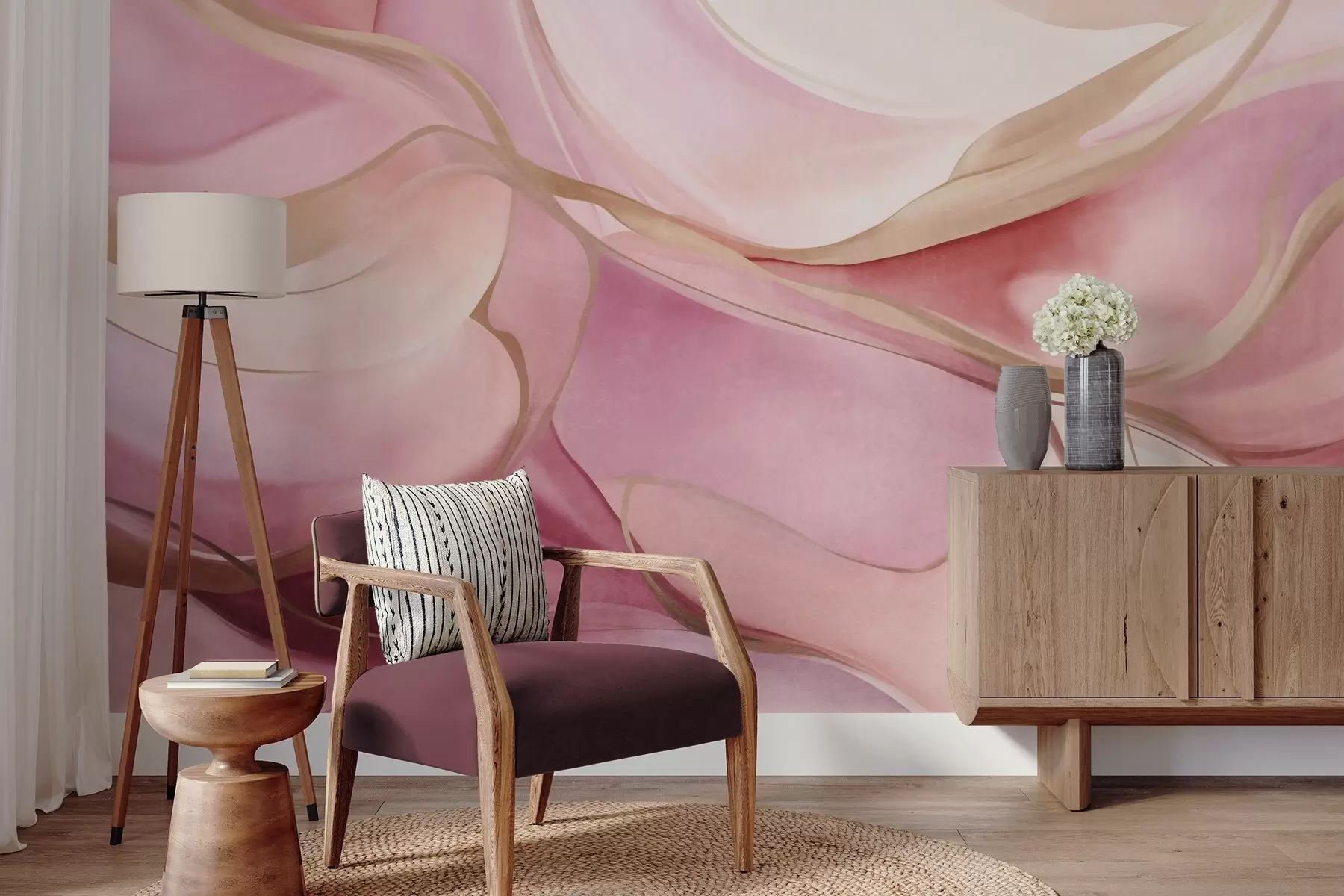 Wall Mural Photo Wallpaper Abstract textured flowing shapes in shades of pink and beige with delicate yellow lines w09818
