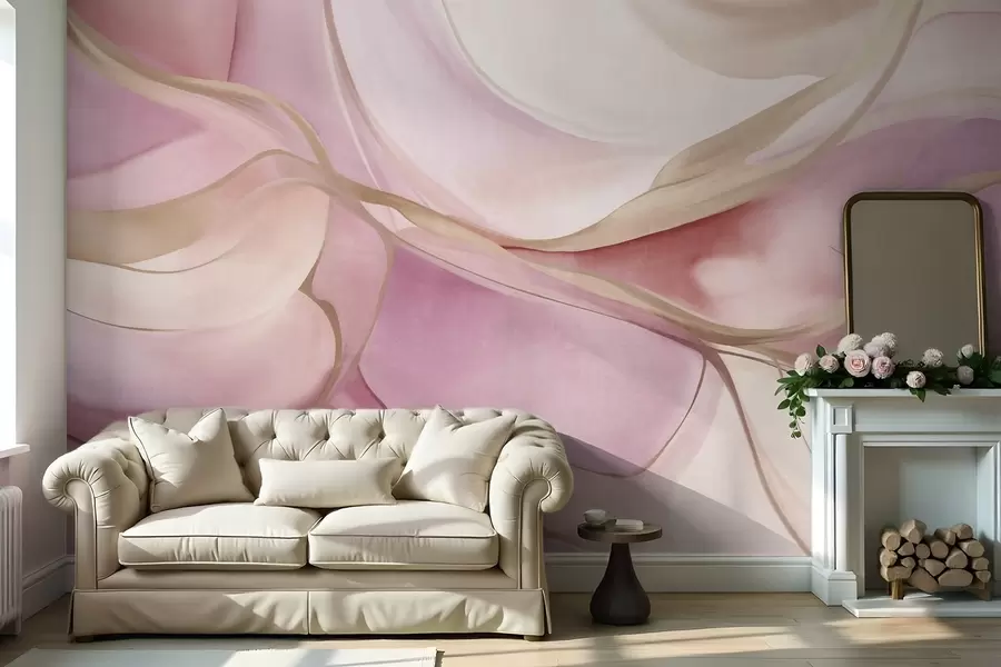murales Formas fluidas con texturas abstractas en tonos rosa y beige, con delicadas líneas amarillas w09818
