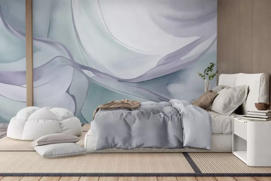 Wall Mural Photo Wallpaper Abstract textured flowing shapes in shades of blue and gray with delicate lines w09818v1