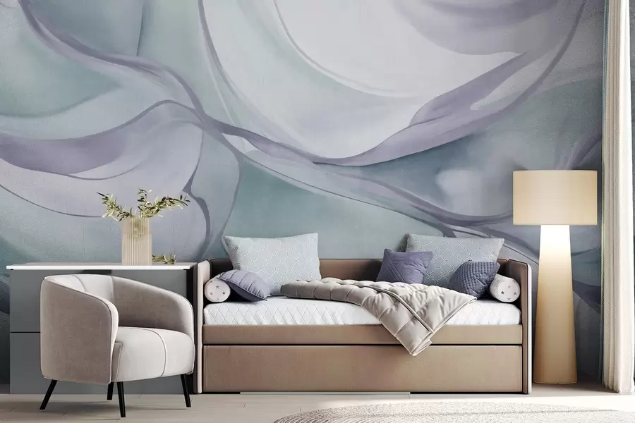 wall murals Abstract textured flowing shapes in shades of blue and gray with delicate lines w09818v1