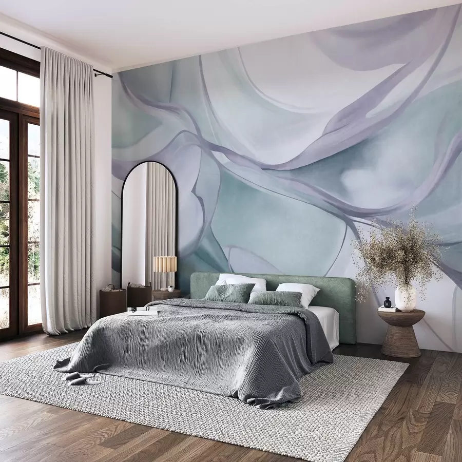murais de parede Formas fluidas com textura abstrata em tons de azul e cinzento, com linhas delicadas w09818v1