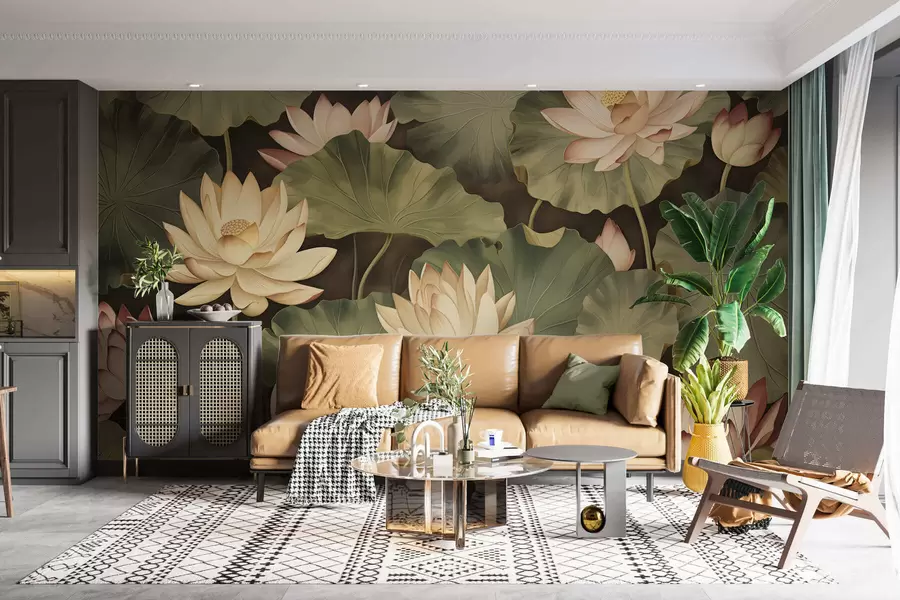 wall murals Vintage lotus blooms w05445