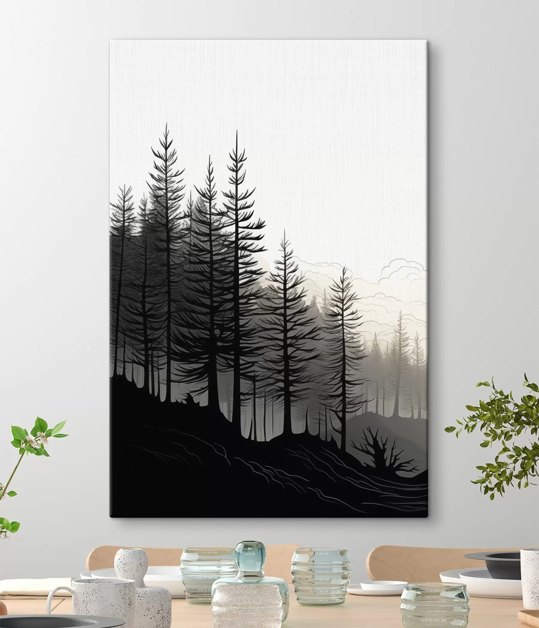 wall murals Misty forest, black and white landscape s48573