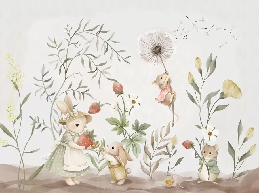 peintures murales Illustration pour enfants représentant un lapin et une souris parmi des plantes et des fleurs w05422