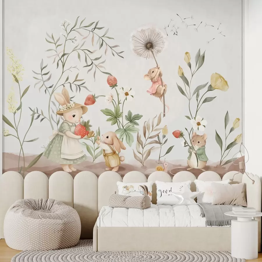 Wall Mural Photo Wallpaper Children illustration of bunny, mouse among plants and flowers w05422