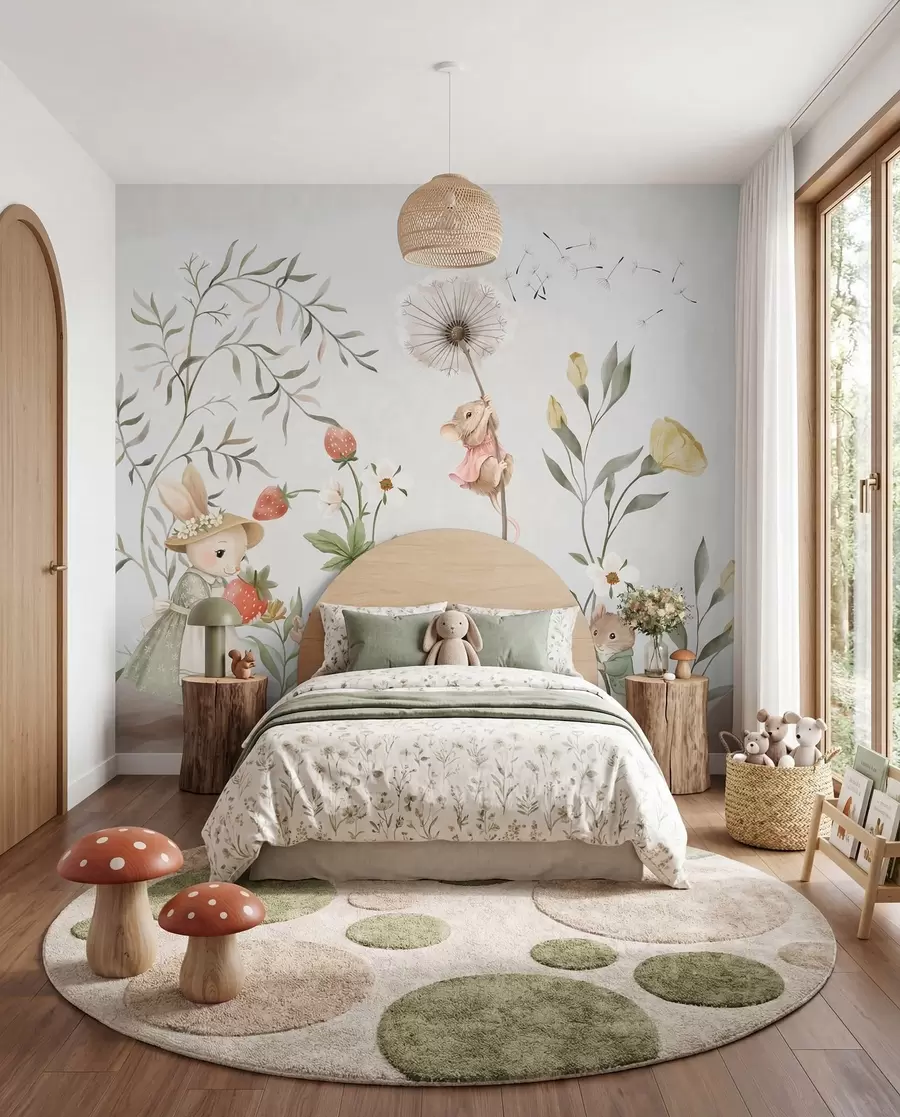 Wall Mural Photo Wallpaper Children illustration of bunny, mouse among plants and flowers w05422