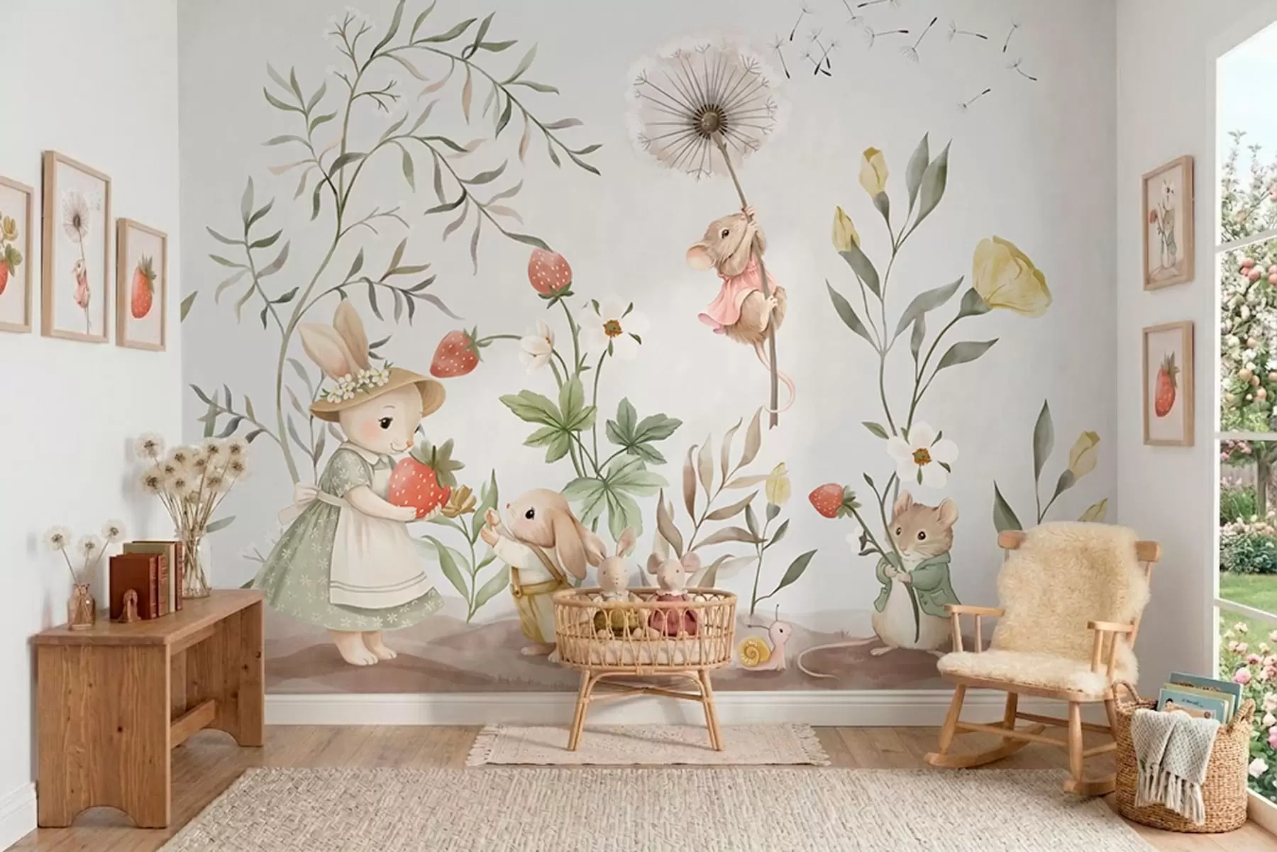Wall Mural Photo Wallpaper Children illustration of bunny, mouse among plants and flowers w05422