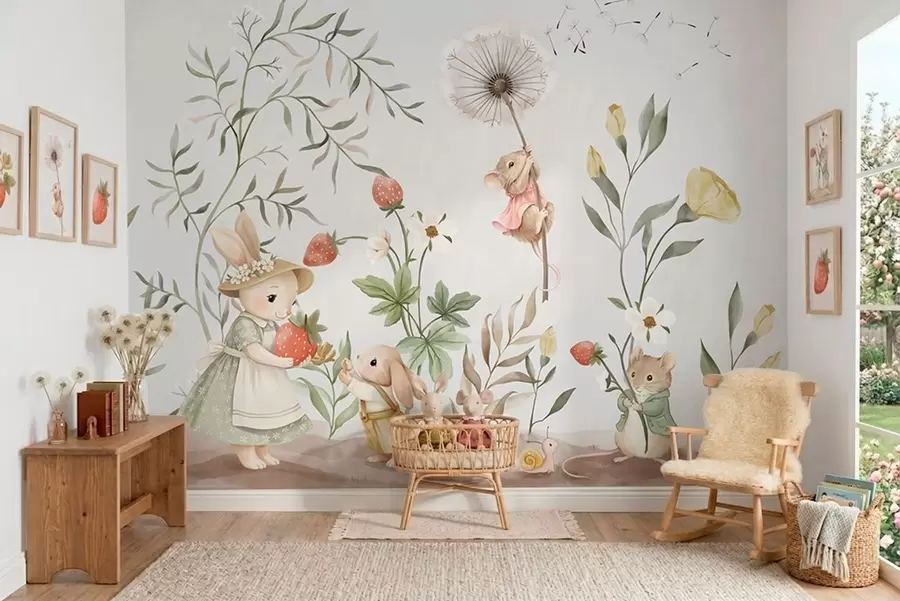 Wall Mural Photo Wallpaper Children illustration of bunny, mouse among plants and flowers w05422
