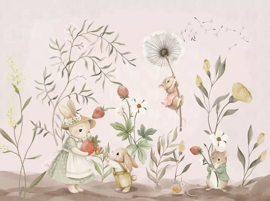 peintures murales Illustration d'animaux avec des fraises sur fond rose pâle w05422v1