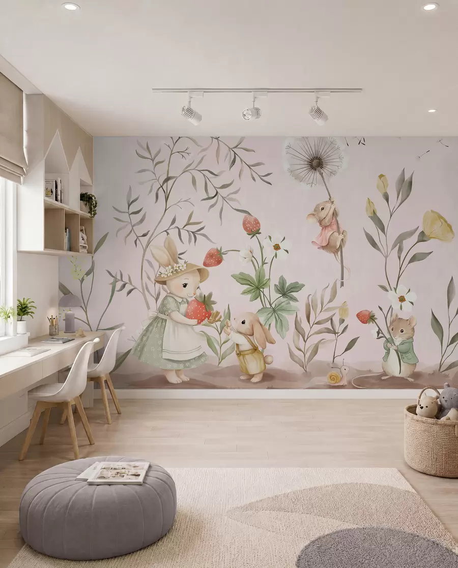 wall murals Illustration of animals with strawberries on soft pink background w05422v1